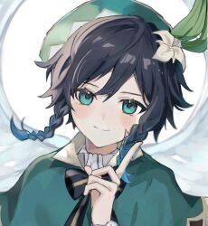 Rule 34 | 1boy, @lm, angel wings, aqua eyes, black hair, blue hair, blush, braid, cape, closed mouth, feather hair ornament, feathered wings, feathers, flower, genshin impact, green cape, green feathers, green headwear, grey background, hair flower, hair ornament, head tilt, highres, long sleeves, low twin braids, male focus, medium hair, multicolored hair, shirt, smile, solo, twin braids, venti (genshin impact), white flower, white shirt, wings