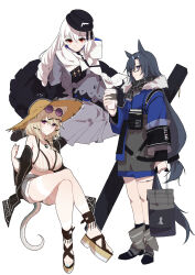 Rule 34 | 3girls, absurdres, animal ear fluff, animal ears, arknights, bag, bespectacled, bikini, black footwear, black hair, black headwear, black jacket, black scarf, blonde hair, blue eyes, blue jacket, blue shorts, braid, breasts, brown bikini, cat ears, clenched hand, commentary, cup, disposable cup, dress, eyewear on head, fang (arknights), fang (cruciata) (arknights), full body, fur-trimmed jacket, fur trim, glasses, goma 74umai, grey dress, grey shorts, hair ornament, hairclip, hat, highres, holding, holding bag, holding cup, jacket, large breasts, lizard tail, long hair, looking at viewer, low-tied long hair, multiple girls, official alternate costume, plaid, plaid scarf, purple-tinted eyewear, red eyes, sandals, scarf, shopping bag, shorts, side braid, simple background, sitting, small breasts, smile, specter (arknights), specter (undercurrent) (arknights), standing, straw hat, striped bikini, striped clothes, sunglasses, swimsuit, tail, tinted eyewear, utage (arknights), utage (summer flowers) (arknights), vertical-striped bikini, vertical-striped clothes, white background, white hair, white scarf, wolf ears, wolf girl, wolf tail, yokozuwari