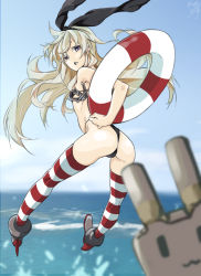 Rule 34 | 10s, 1girl, anchor, anchor hair ornament, ass, bad id, bad pixiv id, black bra, black eyes, black panties, blonde hair, blurry, blush, bra, breasts, day, depth of field, from behind, hair ornament, hair ribbon, innertube, kantai collection, lingerie, long hair, looking back, mashiro kanna, ocean, panties, personification, rensouhou-chan, ribbon, shimakaze (kancolle), signature, sky, small breasts, solo, striped clothes, striped thighhighs, swim ring, thighhighs, underwear, underwear only, water