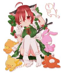 Rule 34 | 1girl, ;3, ahoge, animal ears, bad id, bad twitter id, blush, bow, braid, cat ears, cat tail, dress, gloves, green dress, highres, kaenbyou rin, looking at viewer, n t tr0910, one eye closed, panties, pantyshot, puffy short sleeves, puffy sleeves, red eyes, red hair, short sleeves, sitting, solo, stuffed animal, stuffed toy, tail, teddy bear, thighhighs, touhou, underwear, white gloves, white thighhighs