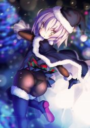 Rule 34 | 1girl, :o, ass, bad id, bad pixiv id, black footwear, black panties, black pantyhose, black santa costume, blue gloves, blush, boots, cape, chikuwa daimyojin, fate/apocrypha, fate/grand order, fate (series), fur-trimmed boots, fur boots, fur trim, gloves, grey eyes, hat, highres, jack the ripper (fate/apocrypha), looking at viewer, looking back, panties, pantyhose, sack, santa costume, santa hat, short hair, silver hair, solo, stitches, string panties, thigh boots, thighband pantyhose, thighhighs, underwear