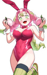 Rule 34 | 1girl, animal ears, bare shoulders, blush, bowtie, braid, breasts, cleavage, covered navel, detached collar, fake animal ears, gradient hair, green eyes, green hair, green thighhighs, groin, highleg, highleg leotard, kanroji mitsuri, kimetsu no yaiba, large breasts, leg up, leotard, long hair, looking at viewer, mole, mole under eye, multicolored hair, multiple braids, open mouth, pettan p, pink bow, pink bowtie, pink hair, playboy bunny, rabbit ears, red leotard, ribbed thighhighs, simple background, smile, solo, strapless, strapless leotard, teeth, thighhighs, thighs, tongue, tri braids, white background, wrist cuffs