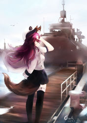 Rule 34 | 10s, 1girl, absurdres, anchor symbol, animal, animal ears, arm up, bird, black skirt, black thighhighs, blue sky, cloud, dated, day, dock, facing away, falling feathers, fate/extra, fate (series), feathers, floating hair, flying, fox ears, fox tail, half-closed eyes, hand in own hair, hat, highres, jacket, jacket on shoulders, lens flare, long hair, looking away, miniskirt, mochigome (fatelly), ocean, outdoors, peaked cap, pink hair, railing, seagull, ship, shirt, short sleeves, signature, skirt, sky, solo, standing, tail, tamamo no mae (fate/extra), thighhighs, watercraft, white feathers, white jacket, white shirt, wind, wooden floor, yellow eyes, zettai ryouiki