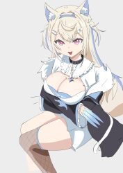 Rule 34 | 1girl, angelchama, animal ears, arms under breasts, belt collar, black collar, black jacket, blonde hair, blue hair, breasts, cleavage, cleavage cutout, clothing cutout, collar, dog ears, dog girl, dog tail, dress, fake claws, fur-trimmed jacket, fur trim, fuwawa abyssgard, fuwawa abyssgard (1st costume), highres, hololive, hololive english, jacket, large breasts, long hair, looking at viewer, multicolored hair, open mouth, short dress, sidelocks, single fishnet legwear, smile, solo, streaked hair, tail, two side up, virtual youtuber, white dress
