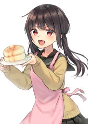 Rule 34 | 1girl, :d, apron, black sailor collar, black skirt, blush, brown cardigan, brown hair, cardigan, collarbone, commentary request, fang, food, holding, holding plate, long hair, long sleeves, looking at viewer, low twintails, midorikawa you, open mouth, original, pancake, pink apron, plate, pleated skirt, red eyes, sailor collar, school uniform, serafuku, simple background, skirt, sleeves past wrists, smile, solo, twintails, v-shaped eyebrows, white background