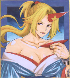 Rule 34 | 1girl, absurdres, blonde hair, blue background, blue kimono, breasts, brown eyes, chain, cleavage, collarbone, commentary request, cuffs, cup, fang, fingernails, high ponytail, highres, holding, holding cup, horns, hoshiguma yuugi, hoshiguma yuugi (kimono), japanese clothes, kimono, large breasts, long hair, looking at viewer, matsuri kyuuta, off shoulder, official alternate costume, open mouth, parted bangs, red horns, sakazuki, shackles, sidelocks, single horn, smile, solo, star (symbol), touhou, traditional media, upper body
