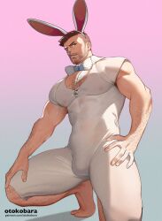 Rule 34 | 1boy, animal ears, arm hair, bara, beard, bodysuit, bow, brown hair, bulge, chest hair, covered erect nipples, easter, facial hair, fake animal ears, gradient background, hairy, highres, large bow, large pectorals, leg hair, looking to the side, male focus, mature male, muscular, muscular male, mustache, original, otokobara, pectorals, rabbit boy, rabbit ears, see-through, short hair, sideburns, smile, solo, squatting, stomach, thick eyebrows, thick thighs, thighs, white bodysuit