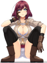 Rule 34 | 1girl, abu, black thighhighs, blue eyes, boots, bra, breasts, brown footwear, brown gloves, brown shirt, cleavage, closed mouth, gloves, hand on own face, large breasts, looking at viewer, miniskirt, miria (abu), original, panties, red hair, red skirt, shirt, short hair, simple background, skirt, solo, squatting, thighhighs, underwear, white background, white bra, white panties