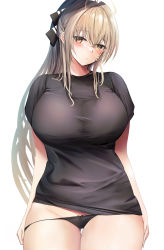 Rule 34 | 1girl, alternate costume, amagi brilliant park, antenna hair, arms at sides, bad id, bad pixiv id, black panties, black shirt, blush, bow, bow panties, breasts, brown eyes, brown hair, casual, closed mouth, contrapposto, cowboy shot, curvy, expressionless, gluteal fold, groin, hair between eyes, highres, large breasts, looking at viewer, no pants, panties, panty tug, pavi, ponytail, sento isuzu, shirt, short sleeves, sidelocks, simple background, taut clothes, taut shirt, thigh gap, underwear, white background, wide hips