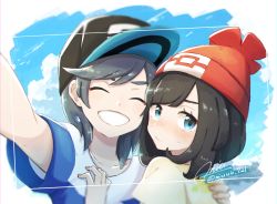 Rule 34 | 1boy, 1girl, arm up, artist name, baseball cap, beanie, black hair, black hat, blue eyes, blue shirt, blue sky, blush, closed eyes, closed mouth, cloud, collarbone, creatures (company), day, elio (pokemon), embarrassed, fingernails, floral print, game freak, grey hair, grin, half-closed eyes, hand on another&#039;s chest, hand up, happy, hat, highres, hug, light blush, looking at viewer, miu (miuuu 721), nintendo, nose blush, outdoors, outstretched arm, poke ball symbol, poke ball theme, pokemon, pokemon sm, red hat, selene (pokemon), selfie, shirt, short sleeves, shy, signature, sky, smile, striped clothes, striped shirt, sweat, swept bangs, teeth, twitter username, upper body, yellow shirt