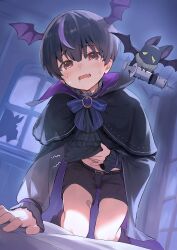 1boy ankle_socks ascot bandaid_on_thigh bat_(animal) bat_wings belt black_ascot black_belt black_capelet black_hair black_shorts blue_bow blue_bowtie bow bowtie broken_window brooch capelet child cocolo_(co_co_lo) collar colored_sclera commentary_request crying crying_with_eyes_open fang frilled_ascot frilled_collar frills furrowed_brow glass halloween high_collar highres holding holding_syringe hungry indoors jewelry kneeling long_sleeves looking_at_viewer male_focus multicolored_hair on_bed open_mouth original purple_hair purple_socks purple_theme purple_wristband red_eyes saliva short_hair shorts skin_fang socks solo streaked_hair syringe tears tongue trap vampire window wing_hair_ornament wings yellow_sclera