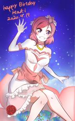 Rule 34 | 1girl, absurdres, artist name, artist request, bare legs, bare shoulders, blush, bokutachi wa hitotsu no hikari, breasts, choker, cloud, dress, earrings, elbow gloves, eyes visible through hair, female focus, flower, flower earrings, flower hair ornament, frilled dress, frills, gloves, hair between eyes, hair flower, hair ornament, hand wave, highres, jewelry, looking at viewer, love live!, love live! school idol festival, love live! school idol project, necklace, night, night sky, nishikino maki, petals, pink dress, pink ribbon, purple eyes, red flower, red hair, red ribbon, red rose, ribbon, rose, short hair, sky, sleeveless, sleeveless dress, small breasts, smile, solo, tsurime, white gloves, yaygw (pixiv14578185)