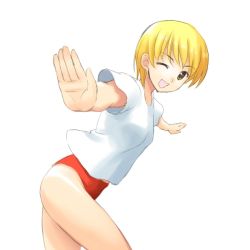 Rule 34 | 1girl, ;d, atsukan, blonde hair, brown eyes, buruma, eyebrows, gym uniform, leaning forward, looking at viewer, looking to the side, one eye closed, open mouth, orange buruma, outstretched arms, short hair, short sleeves, simple background, smile, solo, unknown, white background, wink