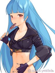 Rule 34 | 1girl, akisa yositake, blue hair, blush, breasts, brown eyes, candy, cleavage, cropped jacket, food, gloves, kula diamond, long hair, looking at viewer, medium breasts, navel, simple background, solo, the king of fighters, the king of fighters 2000, very long hair, white background