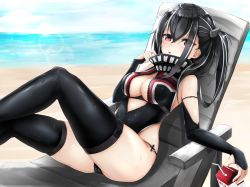 Rule 34 | 1girl, artist request, azur lane, beach, beach chair, black hair, black thighhighs, blue sky, breasts, cameltoe, commentary, cross, cross earrings, day, earrings, elbow gloves, gloves, highres, iron cross, jewelry, lens flare, long hair, looking at viewer, medium breasts, ocean, one side up, parted lips, red eyes, sitting, skindentation, sky, solo, swimsuit, thighhighs, u-47 (azur lane)