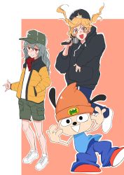Rule 34 | 1boy, 2girls, absurdres, animal ears, artist request, commentary request, dog, dog ears, g11 (girls&#039; frontline), girls&#039; frontline, hand gesture, hand in pocket, highres, long hair, microphone, multiple girls, parappa, parappa the rapper, rapping, shoes, shorts, smile, sneakers, twintails, ump9 (girls&#039; frontline), woollen cap