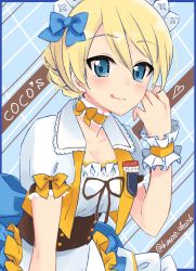 Rule 34 | 10s, 1girl, :q, alternate costume, apron, blonde hair, blue border, blue bow, blue eyes, border, bow, bow choker, braid, breasts, choker, cleavage, coco&#039;s, commentary, copyright name, corset, darjeeling (girls und panzer), frilled apron, frilled sleeves, frills, girls und panzer, hair bow, highres, hinase (twoxout), jacket, layered skirt, leaning forward, licking lips, looking at viewer, maid headdress, medium breasts, name tag, open clothes, open jacket, puffy sleeves, shirt, short hair, skirt, sleeveless, sleeveless jacket, solo, tongue, tongue out, twin braids, twitter username, upper body, waist apron, waitress, white apron, white shirt, white skirt, wristband, yellow choker, yellow jacket
