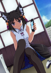 Rule 34 | 1girl, animal ears, bad id, bad pixiv id, black hair, black pantyhose, blush, controller, dutch angle, fox ears, fox tail, game console, game controller, hair bobbles, hair ornament, handheld game console, highres, holding, ishida seito, original, pantyhose, playstation portable, purple eyes, skirt, smile, solo, tail, xbox 360