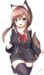 Rule 34 | 1girl, :d, absurdres, animal ear fluff, animal ears, black hoodie, black thighhighs, blue eyes, blush, brown hair, collarbone, commentary request, hair between eyes, hair over shoulder, highres, hood, hood down, hoodie, long hair, long sleeves, looking at viewer, low twintails, mayogii, neckerchief, no shoes, open mouth, original, pocket, puffy long sleeves, puffy sleeves, red neckerchief, sailor collar, sidelocks, signature, simple background, sleeves past wrists, smile, solo, standing, standing on one leg, tail, tail raised, thighhighs, twintails, white background, white sailor collar