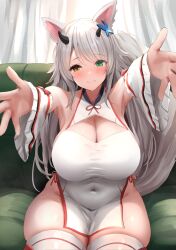 Rule 34 | 1girl, animal ears, armpits, arms up, blush, breasts, commission, couch, cowboy shot, curtains, green eyes, grey hair, large breasts, looking at viewer, manda (manda9n), original, solo, tail, thigh gap, thighhighs, white thighhighs, yellow eyes