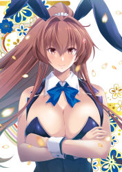 Rule 34 | 1girl, alternate costume, animal ears, blue bow, blue bowtie, blue leotard, bow, bowtie, breasts, brown eyes, brown hair, cherry blossoms, crossed arms, egasumi, fake animal ears, flower, hair flower, hair intakes, hair ornament, highres, kantai collection, large breasts, leotard, long hair, map (blue catty), playboy bunny, ponytail, rabbit ears, sakuramon, sidelocks, smile, solo, upper body, yamato (kancolle), yamato kai ni (kancolle)