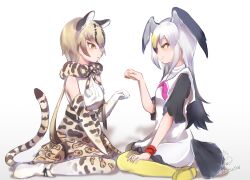 Rule 34 | 2girls, animal ears, animal print, bare shoulders, bird girl, bird tail, bird wings, black-tailed gull (kemono friends), black hair, blonde hair, bow, bowtie, brown hair, closed mouth, clothing cutout, colored inner hair, dress, elbow gloves, extra ears, face-to-face, from side, gloves, hand rest, hand up, head wings, high-waist skirt, kemono friends, long hair, looking at another, multicolored hair, multiple girls, ocelot (kemono friends), ocelot print, pantyhose, parted lips, paw pose, print bow, print bowtie, print gloves, print pantyhose, print skirt, sailor collar, shirt, shoes, short dress, short sleeves, simple background, sitting, skirt, sleeveless, sleeveless shirt, smile, tail, tail through clothes, tatsuno newo, twintails, very long hair, wariza, white background, white hair, white shirt, wings, yellow eyes