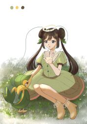 1girl :o absurdres alternate_costume blue_eyes brown_hair creatures_(company) double_bun dress eyelashes game_freak gen_5_pokemon grass green_dress hair_bun hair_ornament hand_up head_wreath high_heels highres jewelry leaf_hair_ornament long_hair nintendo on_grass open_mouth pokemon pokemon_(creature) pokemon_bw2 puffy_short_sleeves puffy_sleeves ring rosa_(pokemon) short_sleeves simple_background sitting snivy sparkle star_dr0p twintails twitter_username white_background yellow_footwear