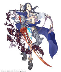 Rule 34 | 1girl, armor, armored boots, asymmetrical legwear, bikini armor, black hair, boots, chain, full body, fur trim, gauntlets, hair over one eye, ji no, kaguya (sinoalice), looking at viewer, nail polish, navel, official art, open mouth, over shoulder, parted lips, platform footwear, revealing clothes, scabbard, sheath, single gauntlet, sinoalice, smoke, solo, sword, tattoo, thigh boots, thighhighs, uneven legwear, weapon, white background