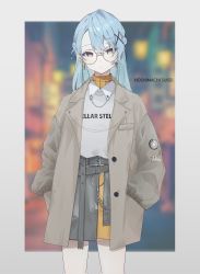 Rule 34 | 1girl, belt, black skirt, blue hair, brown coat, character name, closed mouth, coat, cowboy shot, earrings, glasses, grey eyes, grey shirt, hair ornament, hands in pockets, highres, hololive, hoshimachi suisei, jewelry, long hair, long sleeves, looking at viewer, mirai99, round teeth, shirt, skirt, solo, standing, sweater, teeth, turtleneck, turtleneck sweater, virtual youtuber, x hair ornament, yellow sweater