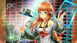 Rule 34 | 10s, 1girl, bare shoulders, blunt bangs, glasses, headphones, highres, hourainingyou, jacket, long hair, looking at viewer, necronomicon (persona 5), off-shoulder shirt, off shoulder, orange hair, persona, persona 5, purple eyes, sakura futaba, shirt, smile, solo, string, string of fate, ufo, upper body