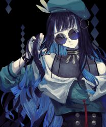 Rule 34 | absurdres, beret, black hair, blue-tinted eyewear, blue hair, bracer, facepaint, fate/grand order, fate (series), hat, highres, holding, holding own hair, jewelry, long hair, looking over eyewear, multicolored hair, solo, tenochtitlan (fate), tenochtitlan (second ascension) (fate), tinted eyewear