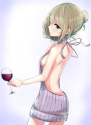 Rule 34 | 10s, 1girl, alcohol, alternate hairstyle, ass, backless dress, backless outfit, bare back, bare shoulders, blue eyes, blush, breasts, butt crack, closed mouth, cowboy shot, cup, dress, drinking glass, dutch angle, green hair, hair between eyes, hair bun, halterneck, hand up, highres, holding, holding cup, holding drinking glass, idolmaster, idolmaster cinderella girls, kiimo, looking at viewer, medium breasts, meme attire, mole, mole under eye, naked sweater, profile, ribbed sweater, short hair, sideboob, single hair bun, smile, solo, sparkle, sweater, sweater dress, takagaki kaede, virgin killer sweater, wine, wine glass