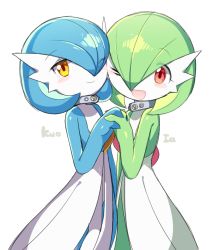 Rule 34 | 2girls, alternate color, blue hair, blue skin, blush, blush stickers, bob cut, character name, cheek-to-cheek, closed mouth, collar, colored skin, creatures (company), eyes visible through hair, female focus, flat chest, game freak, gardevoir, gen 3 pokemon, green hair, green skin, hair over one eye, hand up, happy, heads together, heart, heart in eye, holding hands, interlocked fingers, looking at viewer, lotosu, mega stone, multicolored skin, multiple girls, nintendo, one eye closed, open mouth, orange eyes, pokemon, pokemon (creature), red eyes, shiny and normal, shiny pokemon, short hair, simple background, smile, standing, star (symbol), star in eye, symbol in eye, symmetry, two-tone skin, white background, white skin, yuri