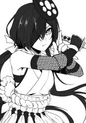 Rule 34 | 1girl, bare shoulders, black gloves, breasts, commentary request, dress, fate/grand order, fate (series), fingerless gloves, gloves, greyscale, holding, holding sword, holding weapon, katana, long hair, looking at viewer, mochizuki chiyome (fate), monochrome, one eye covered, ponytail, shiseki hirame, solo, sword, weapon