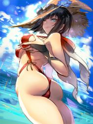 Rule 34 | 1girl, ass, bare shoulders, black hair, blush, breast hold, breasts, cloud, covered erect nipples, day, eyewear on head, flower, grabbing own breast, green eyes, guilty gear, hat, hat flower, heterochromia, i-no, large breasts, one-piece swimsuit, oro (sumakaita), parted lips, red one-piece swimsuit, short hair, sky, slingshot swimsuit, smile, solo, straw hat, sunglasses, swimsuit, thighs, water, witch hat, yellow eyes