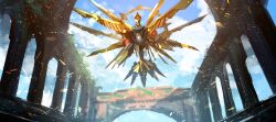 Rule 34 | 1other, absurdres, asaki (asaki vision), bird, cloud, duel monster, falcon, flying, highres, looking at viewer, mechanical wings, other focus, raidraptor - ultimate falcon, ruins, sky, solo focus, wings, yu-gi-oh!