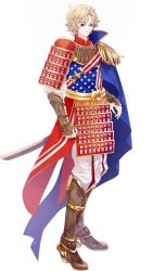 Rule 34 | 1boy, armor, blonde hair, blue eyes, boots, brown footwear, check commentary, commentary request, fringe trim, gold, gold trim, japanese armor, knot, medal, medium hair, samurai, sheath, sheathed, square knot, star (symbol), sword, tagme, transparent background, weapon, world flags