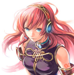 Rule 34 | 1girl, armband, bare shoulders, blue eyes, blue gemstone, breasts, brooch, closed mouth, female focus, from above, gem, glowing, hairband, headphones, headset, jewelry, light smile, lips, long hair, looking at viewer, medium breasts, megurine luka, midori310, neck, pink hair, sasahara ami, simple background, solo, tattoo, upper body, vocaloid, white background