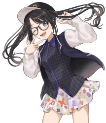 Rule 34 | 1girl, absurdres, baseball cap, black hair, black shirt, blue eyes, commentary request, glasses, hat, highres, idolmaster, idolmaster shiny colors, jacket, long hair, looking at viewer, miniskirt, mitsumine yuika, one eye closed, shirt, skirt, solo, tanupon, twintails, v, white background