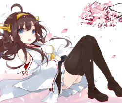 Rule 34 | 10s, 1girl, 36do5fun, ahoge, bare shoulders, blue eyes, brown hair, detached sleeves, hairband, headgear, japanese clothes, kamizaki hibana, kantai collection, kongou (kancolle), long hair, looking at viewer, nontraditional miko, open mouth, petals, sitting, skirt, solo