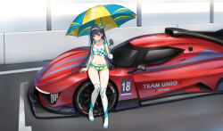 Rule 34 | 1girl, bare shoulders, belt, boots, breasts, car, choker, cleavage, closed mouth, closers, collarbone, crop top, cropped vest, elbow gloves, eunha (closers), full body, gloves, green eyes, grey hair, hairband, highres, holding, holding umbrella, long hair, looking at viewer, micro shorts, midriff, motor vehicle, navel, non-web source, official art, open clothes, open vest, race queen, race vehicle, racecar, shirt, short shorts, shorts, sitting, sleeveless, sleeveless shirt, small breasts, smile, solo, stomach, thigh boots, thighs, umbrella, very long hair, vest, white choker, wide hips