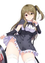 Rule 34 | 1girl, arm at side, assault lily, black capelet, black ribbon, black skirt, blurry, blurry foreground, blush, breasts, brown hair, buttons, capelet, closed mouth, collared shirt, commentary request, cowboy shot, detached sleeves, fingernails, frilled skirt, frilled sleeves, frills, from below, gungun (hakutou7887), hair between eyes, hair ribbon, hand up, heterochromia, high-waist skirt, highres, kuo shenlin, long hair, long sleeves, looking at viewer, looking down, medium breasts, miniskirt, neck ribbon, one side up, red eyes, ribbon, school uniform, shield, shirt, sidelocks, simple background, skirt, smile, solo, standing, suspender skirt, suspenders, thighhighs, wavy hair, white background, white shirt, white thighhighs, yellow eyes, yurigaoka girls academy school uniform