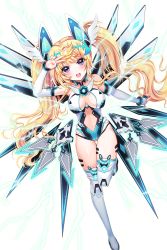 Rule 34 | 1girl, ass, bare shoulders, blonde hair, breasts, cleavage, elbow gloves, electricity, fairy wings, full body, gloves, gluteal fold, griffith (soccer siprits), hair ornament, highres, leotard, long hair, looking at viewer, mecha musume, mechanical wings, medium breasts, open mouth, purple eyes, ratise, resized, soccer spirits, thighhighs, transparent background, twintails, upscaled, white gloves, white thighhighs, winged hair ornament, wings