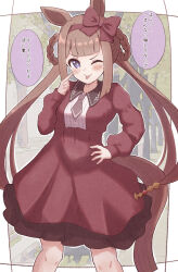 Rule 34 | 1girl, ;p, animal ears, blush, bow, braid, breasts, closed mouth, collared dress, commentary request, dress, feet out of frame, frilled dress, frills, grey necktie, hair rings, hairband, hand on own hip, highres, horse ears, horse girl, horse tail, long sleeves, looking at viewer, necktie, one eye closed, puffy long sleeves, puffy sleeves, purple eyes, red bow, red dress, red hairband, sidelocks, sleeves past wrists, small breasts, smile, solo, standing, sunanuko (ramuneko), sweep tosho (umamusume), tail, tongue, tongue out, translation request, twin braids, twintails, umamusume, v-shaped eyebrows
