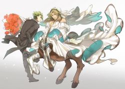 Rule 34 | 2boys, achilles (fate), adapted costume, bouquet, bridal veil, brown hair, centaur, chiron (fate), cosplay, dress, fate/apocrypha, fate/extra, fate/extra ccc, fate (series), flower, formal, gloves, green hair, groom, male focus, multiple boys, nero claudius (bride) (fate), nero claudius (bride) (fate) (cosplay), nero claudius (bride) (second ascension) (fate), nero claudius (fate), nero claudius (fate) (all), no-kan, parody, pectorals, skirt hold, suit, taur, undercut, veil, wedding dress, white gloves, yaoi, zipper