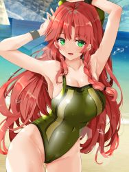 Rule 34 | 1girl, absurdres, armpits, arms up, beach, blush, braid, breasts, cleavage, colored eyelashes, competition swimsuit, day, fujiko (emnprmn), green eyes, hat, highres, hong meiling, large breasts, lens flare, long hair, looking at viewer, ocean, one-piece swimsuit, red hair, sand, sidelocks, single braid, smile, solo, swimsuit, touhou, very long hair, wristband