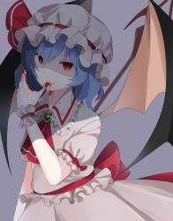 Rule 34 | 1girl, arm at side, ascot, bad id, bad pixiv id, bat wings, blood, blood in mouth, blood on face, blood on hands, blue hair, brooch, frilled shirt collar, frills, hair between eyes, hand up, hat, hat ribbon, highres, jewelry, licking, licking finger, looking at viewer, mob cap, nail polish, puffy short sleeves, puffy sleeves, red eyes, red nails, red ribbon, remilia scarlet, ribbon, shaded face, shirt, short sleeves, skirt, skirt set, solo, tongue, tongue out, touhou, white shirt, white skirt, wings, wrist cuffs, yurumawari