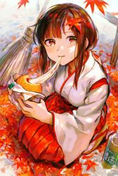 Rule 34 | 1girl, absurdres, autumn leaves, baozi, blush, bottle, broom, brown hair, closed mouth, eating, food, hakama, hakama skirt, highres, holding, holding food, japanese clothes, leaf, leaf on head, long hair, long sleeves, looking at viewer, maple leaf, miko, mouth hold, original, red eyes, red hakama, sandals, skirt, smile, solo, squatting, sweat, tentsuu (tentwo)