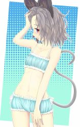 Rule 34 | 1girl, animal ears, bare arms, bare shoulders, bloomers, blue bra, blush, bra, cinderella bust, collarbone, grey hair, halftone, halftone background, hand in own hair, ishikkoro, looking at viewer, mouse ears, mouse tail, navel, nazrin, no pants, no shirt, red eyes, solo, tail, touhou, underwear, underwear only