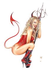 Rule 34 | 1girl, blonde hair, boots, breasts, corset, demon, demon girl, high heels, horns, lipstick, long hair, makeup, polearm, shoes, simple background, solo, squatting, tail, tattoo, tongue, trident, weapon